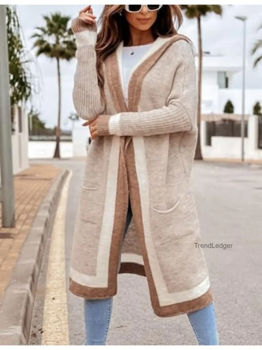 Loose Long Cardigan Sweater Oversized Striped Open Front Hooded with Pockets